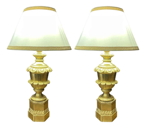 Antique Gilded Pendant Lamps with Lampshades, Set of 2