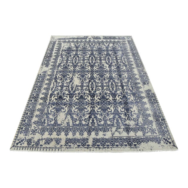Modern Rug 8’1” X 10’5” Gray Blue Wool/ Viscose Hand-Knotted Oriental Carpet For Sale