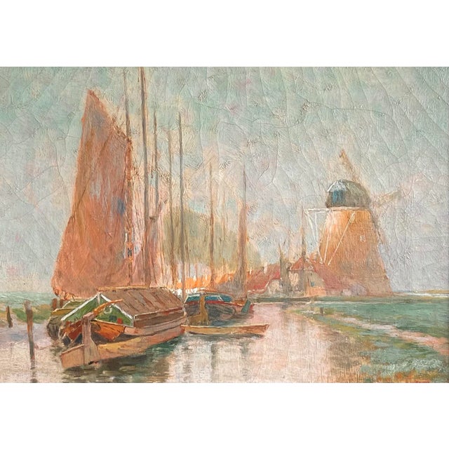 19th Century Dutch Oil on Canvas Canal Scene on the Polders with Cargo Barche, Tjalk Clipper and Windmill. Signed lower...