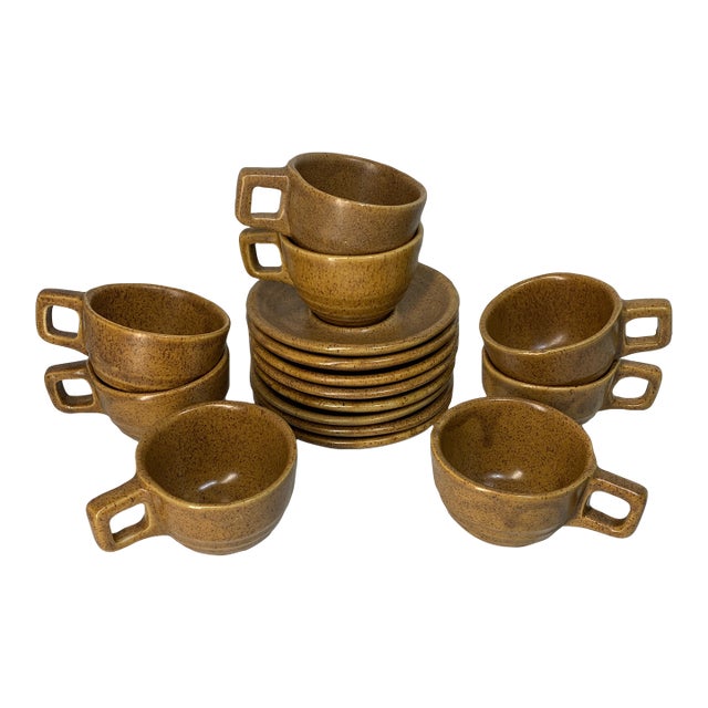 Vintage 1960s Monmouth Pottery "Mojave" Cup and Saucer Set Featuring a Brown Speckled Glaze, Service for 8 For Sale
