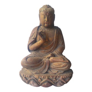 Antique Chinese Giltwood Sitting Buddha With Abhaya Mudra For Sale