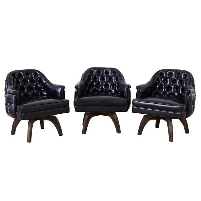 Set of Three Mid Century Tufted Black Leatherette Club Chairs For Sale - Image 13 of 13