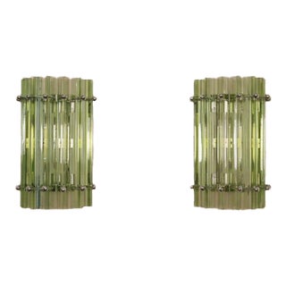Murano Glass Triedri Wall Sconces in Deep Emerald Green | Hand-Blown Venetian Prism Column Lights, Chrome Frame, Rare Italian Lighting - a Pair For Sale