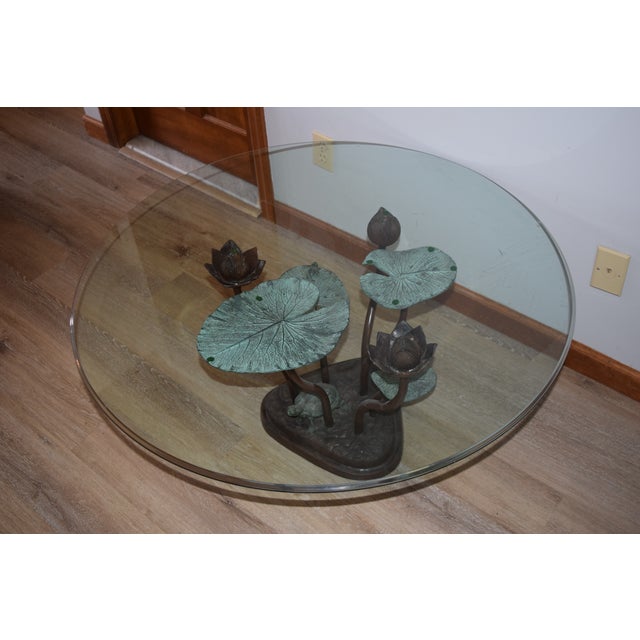 1960s 1960s Bronze Lily Pad Turtle Statue Cocktail / Coffee W Table Glass Top For Sale - Image 5 of 10