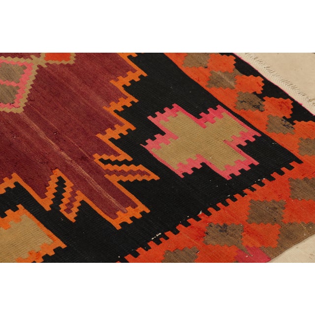 1910s Handwoven Antique Persian Kilim Rug in Wine Black and Orange Geometric Pattern For Sale - Image 5 of 7