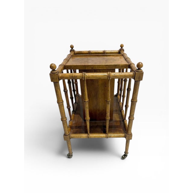 1960s 1960s Vintage Baker Furniture Burl Wood Faux Bamboo Form Canterbury Magazine Rack For Sale - Image 5 of 11