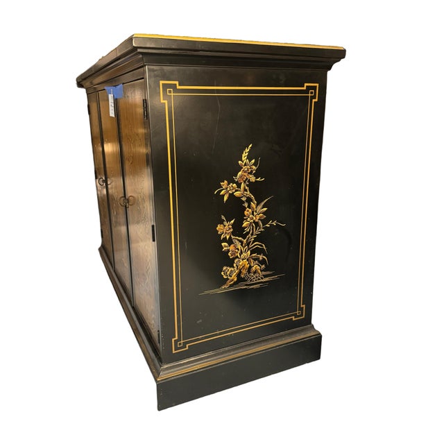 Chinoiserie Drexel Et Cetera Collection Black Lacquer Chinoiserie Flip-Top Buffet Server, 1970s For Sale - Image 3 of 18