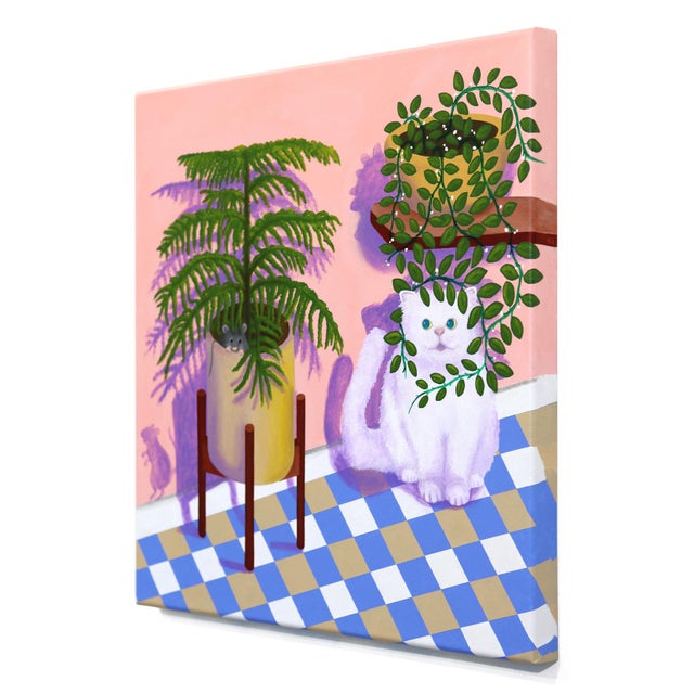 Contemporary Peek-a-Boo - Original Surrealist Acrylic Painting of White Cat and Houseplants by Amy Tai For Sale - Image 3 of 9