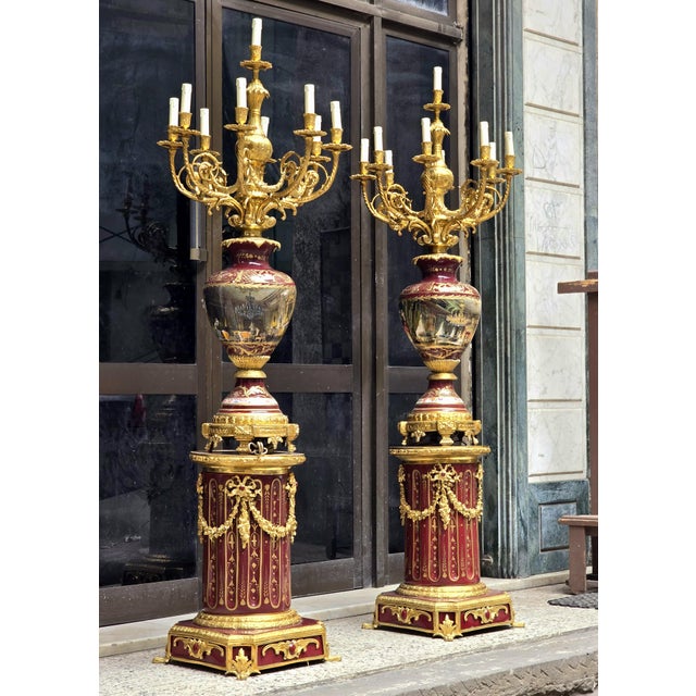 French French-Style Porcelain Vase & Pedestal Set – Burgundy Porcelain, Gold Leaf, Bronze & Ornate Candelabra For Sale - Image 3 of 3