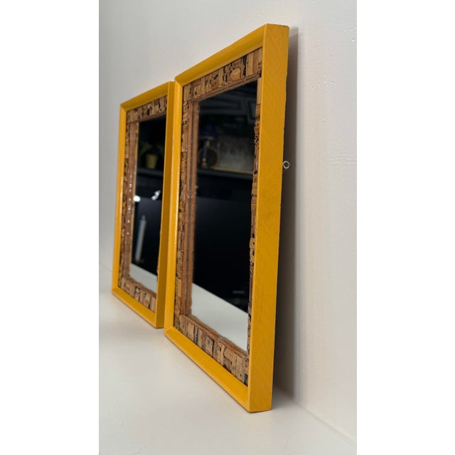 Mustard Vintage Boho Chic Tortoise Shell Bamboo & Mustard Yellow Wall Mirrors, a Pair For Sale - Image 8 of 10