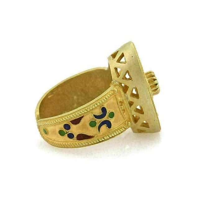 Mid 20th Century Emerald 18k Yellow Gold Enamel Flowers Oval Cuff Band Ring - Size 6.5 For Sale - Image 4 of 6