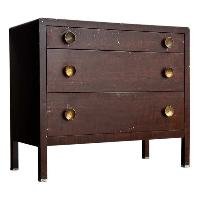 Vintage Norman Bel Geddes for Simmons Steel Chest of Drawers With Brass Pulls, C. 1930s For Sale