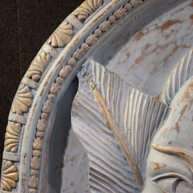 Wood Bas-Relief Sculpture of Stylized Face with Flowers, 20th Century, Wood For Sale - Image 7 of 12