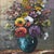 This still life by Reney depicts a vibrant bouquet leaping from the canvas, nestled in a blue-green vase whose calming...