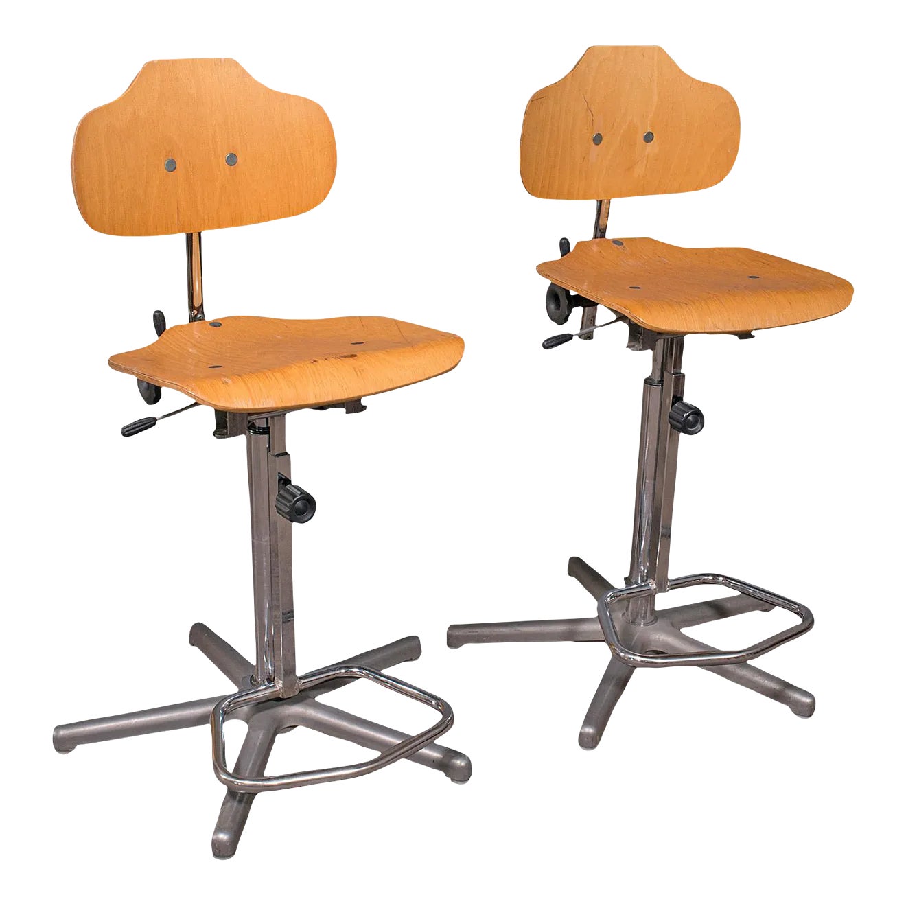 1990s Industrial Pair of Vintage Laboratory Chairs, German, Beech