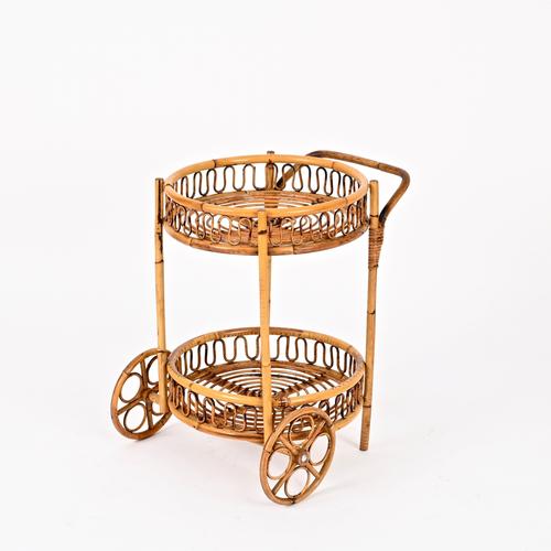 Mid-Century Modern French Riviera Bamboo and Rattan Round Bar Cart by Franco Albini, 1960s For Sale - Image 10 of 11