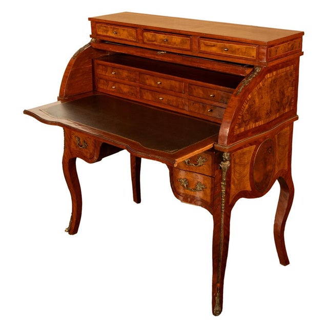 Brown Antique French Louis XV Cylinder Marquetry & Ormolu Bureau Writing Desk 1880 For Sale - Image 8 of 17
