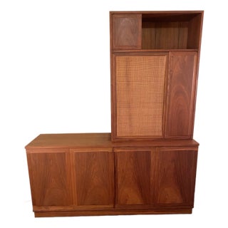 Mid 20th Century Jack Cartwright for Founders Walnut and Cane Credenza and Hutch For Sale
