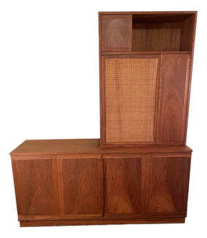 Mid 20th Century Jack Cartwright for Founders Walnut and Cane Credenza and Hutch