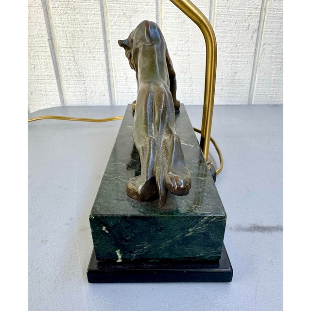 Vintage Stretching Lion Bronzed Metal and Marble Desk Writing Table Foyer Table Lamp For Sale In West Palm - Image 6 of 12