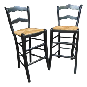 Country French Style Black Rush Seat Barstools- a Pair