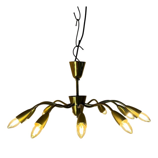 Brass 10-Arm Chandelier, 1950s For Sale