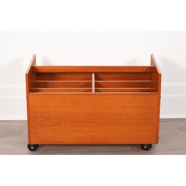 Mid-Century Modern 1970s Bruksbo Norwegian Teak Rolling Vinyl Record or Magazine Caddy For Sale - Image 3 of 12