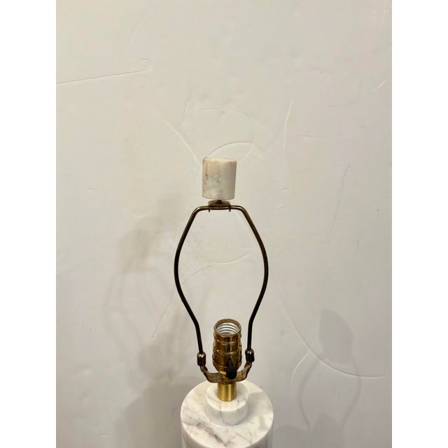Stylish Currey & Co Modern White Marble Lamp. Sculptural cylinder body. Gold accents. Showroom floor sample.