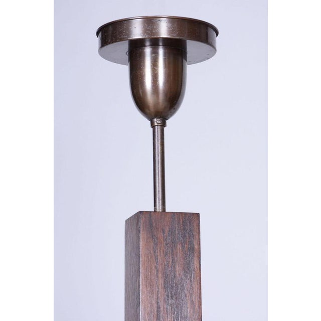 Gold Art Deco Chandelier in Oak, Brass, and Opaline Glass, Czech, 1920s For Sale - Image 8 of 11