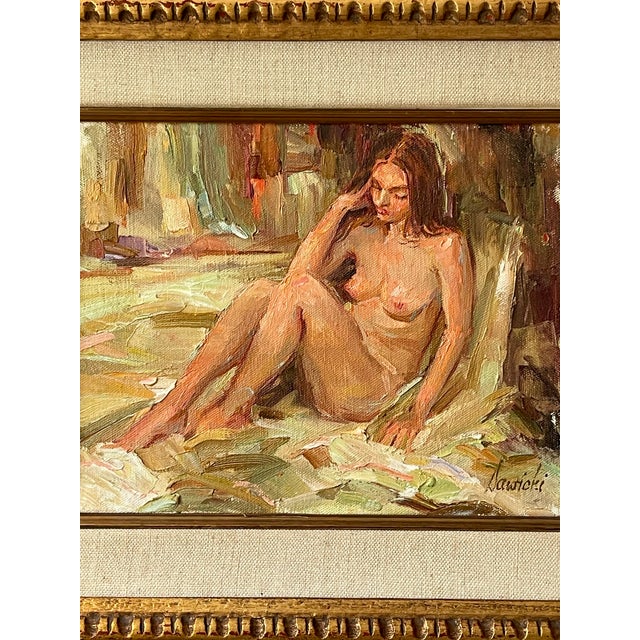 A vintage nude, delicately painted on a multi-colored pastel impasto background by listed artist William Sawicki...