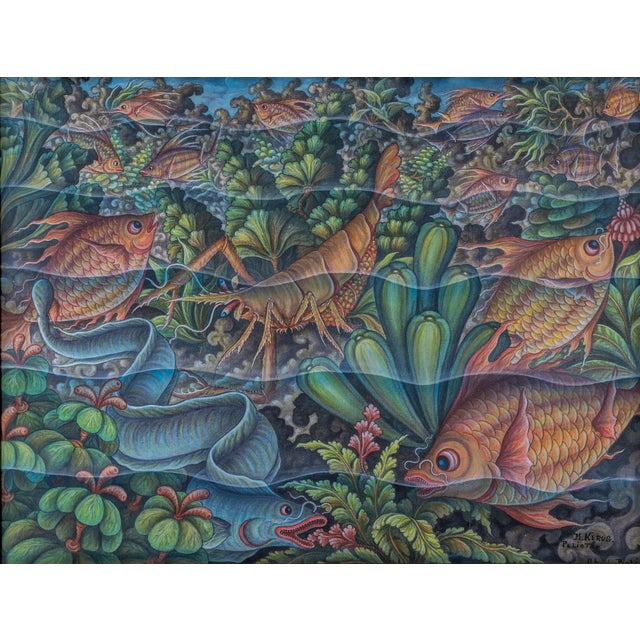 Painted in Peliatan, Ubud Bali by M. Kerug as signed on the bottom left hand corner. The painting depicts a seascape of...
