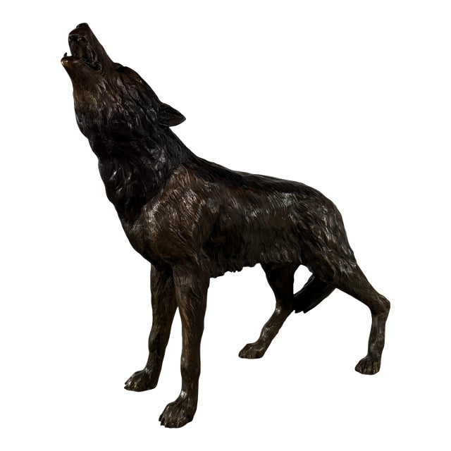 Life-Size Bronze Howling Wolf Sculpture, 35” H For Sale