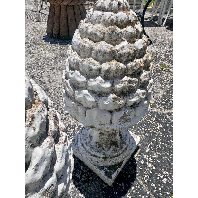 Mid-Century Modern Pair of Vintage Weathered Pinecone Garden Finials For Sale - Image 3 of 11