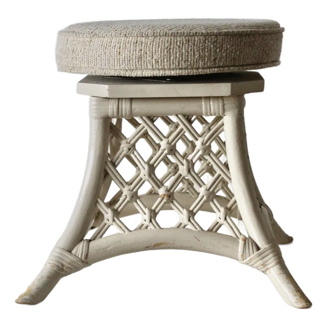 1970s Coastal Painted Bamboo Rattan Cane Wicker Asain Style Stool Padded Swivel Seat For Sale