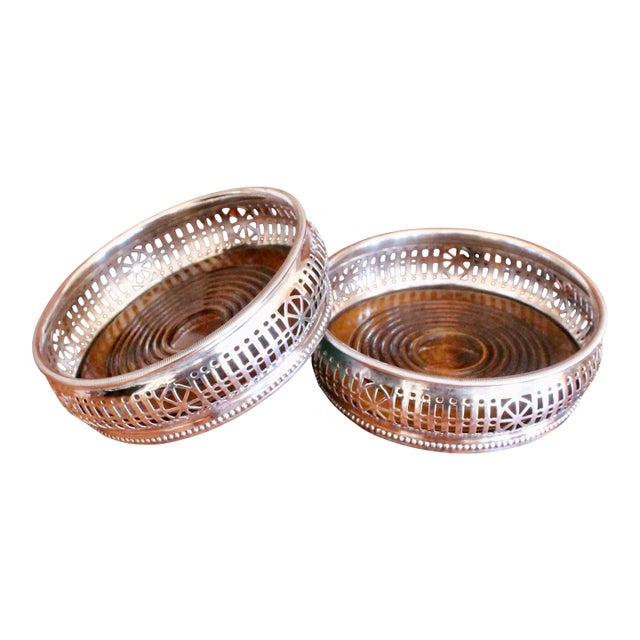 Pair of English Silver Plate Fretwork Wine Bottle Coasters For Sale