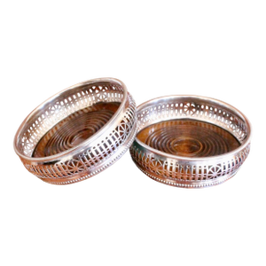 Pair of English Silver Plate Fretwork Wine Bottle Coasters