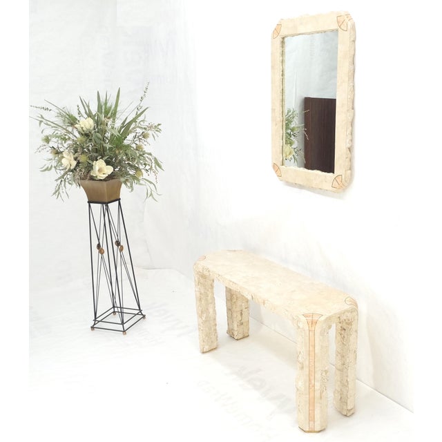 Tesselated Stone Marble Brass Inlaid Console Sofa Entry Hall Table w/ Mirror For Sale - Image 14 of 15