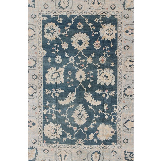 Large Turkish Oushak Rug With Dark Teal Blue Background & Ice Blue Border For Sale - Image 4 of 12