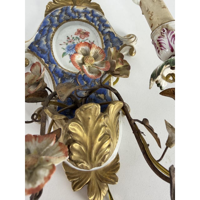 Goldenrod Two-Light Wall Lamps in Wrought Iron and Decorated Porcelain, 1940s, Set of 2 For Sale - Image 8 of 14