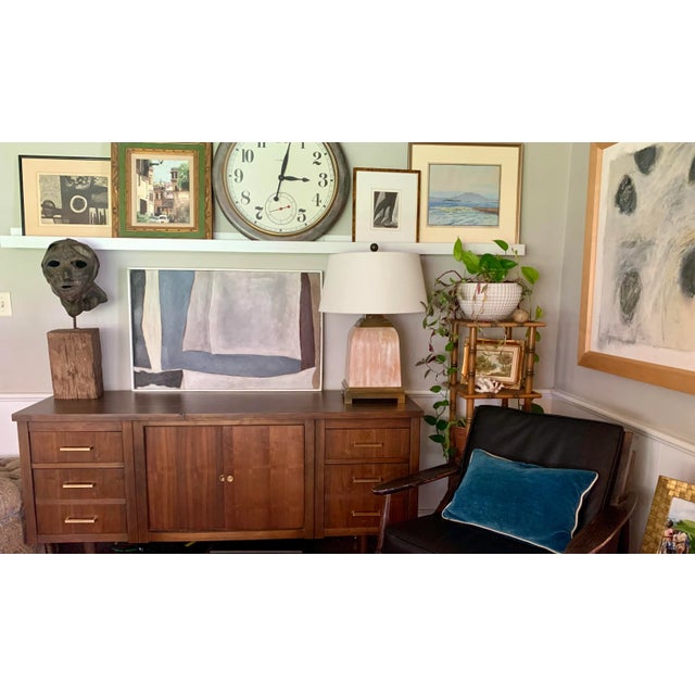 Vintage 1980s White Washed Wood and Brass Square Lamp With Shade For Sale - Image 11 of 12