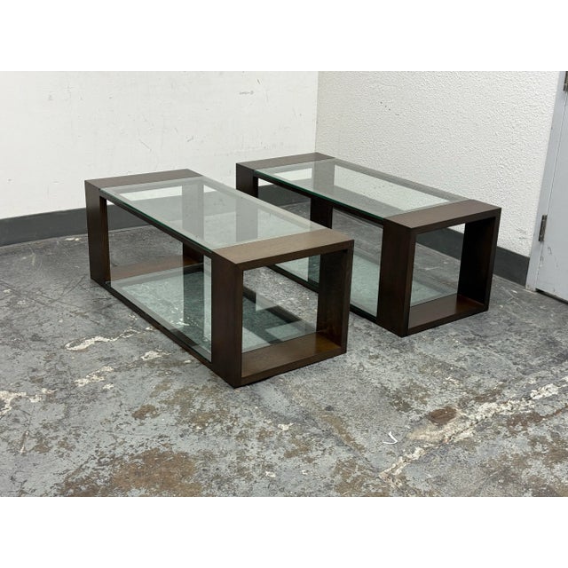 Design Plus Gallery presents a Pair of Ceruse Finish Wood Coffee Table with Glass Inserts of Contemporary + Custom Design....