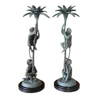 Pair of Vintage Maitland-Smith Style Bronze Monkey Palm Tree Candlesticks For Sale