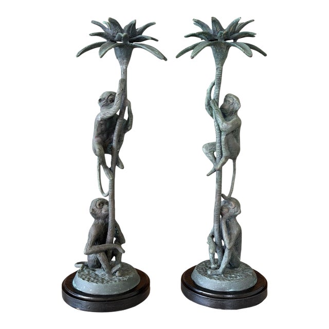 Pair of Vintage Maitland-Smith Style Bronze Monkey Palm Tree Candlesticks For Sale