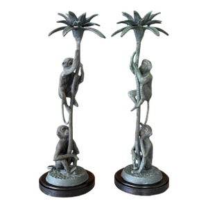 Pair of Vintage Maitland-Smith Style Bronze Monkey Palm Tree Candlesticks