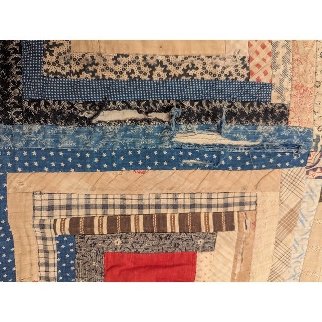 Blue Antique Log Cabin Quilt, Likely 19th Century For Sale - Image 8 of 15