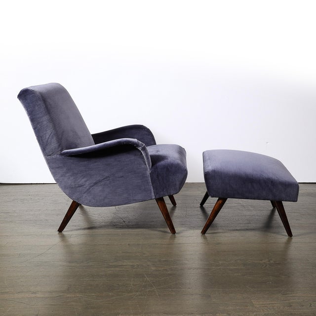 Mid-Century Lounge Chair & Ottoman in Aubergine Velvet & Tapered Walnut Supports For Sale - Image 4 of 17