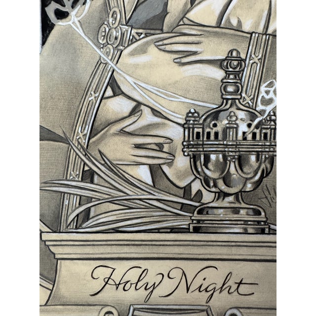 American 1940s Original t.e. Schrock Signed Graphite Illustration of Madonna and Child “Holy Night,” 14 × 11 In. For Sale - Image 3 of 8