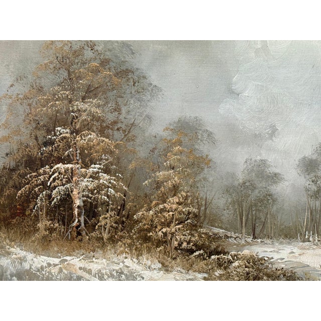 Snowy Cabin in the Woods - A Serene Winter Landscape Vintage Oil Painting 1975 Circa For Sale - Image 10 of 12