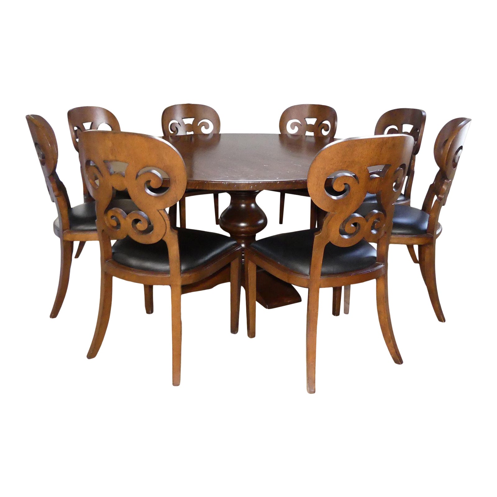 rustic farmhouse dining table with 8 biedermeier style leather dining chairs