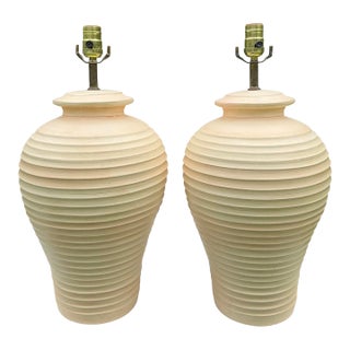 Vintage Ribbed Ceramic Table Lamps – Pair For Sale